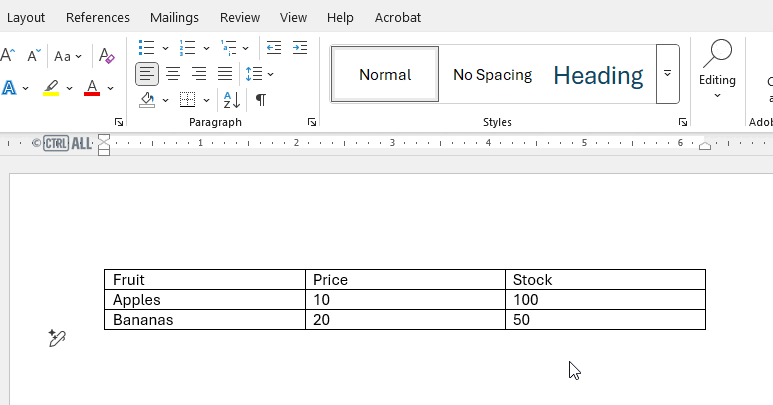 Inserting a row and column demonstration in Word